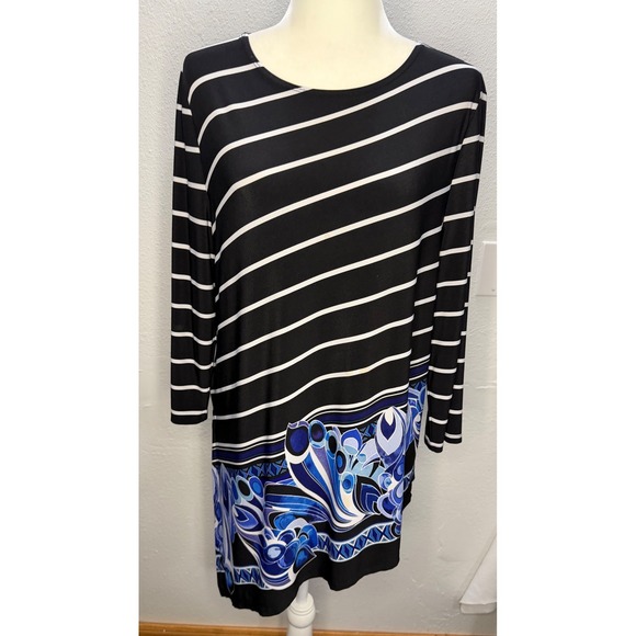 Chico's Tops - Chico's Travelers Women 2/L Black White Striped Blue Paisley Asymmetrical Tunic
